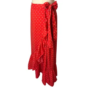 Draper James‎ Wrap Midi Skirt Women Medium Red Polka Dot Ruffle Trim Preppy Boho thumbnail 3