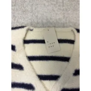 A New Day Womens 1X Navy White Striped Fuzzy Knit Cardigan Gold Buttons NEW thumbnail 3