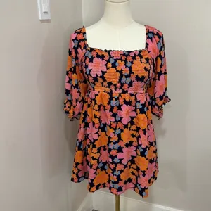 Lulus Navy Pink Orange Floral Smocked Puff Sleeve Mini Dress Size M‎ thumbnail 2