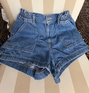 Levis Paperbag High Rise Cuffed Shorts Sz 29 Denim Blue Jean Elastic thumbnail 1