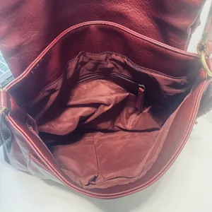 Burgundy Vegan‎ Leather shoulder bag woven flap purse slouchy hobo whipstitch thumbnail 8