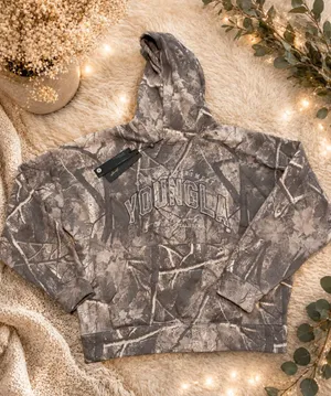 YoungLA Women’s Grey Camo Layover Hoodie Size Small Oversized NEW thumbnail 1