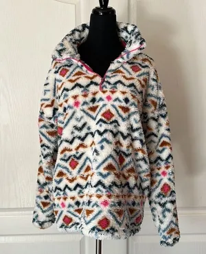 Eddie Bauer Geometric Tribal Print Plush Fleece Quarter Zip Pullover Apres Ski thumbnail 2