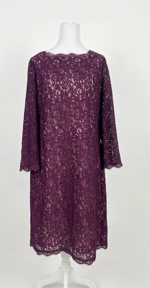 Adrianna Papell Size 16 Dress Purple Floral Lace Long Sleeve Shift‎ Scalloped thumbnail 1