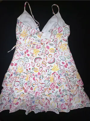 AQUA Bloomingdale’s Fruit Print Tiered Mini Dress Lace Up Back M thumbnail 3