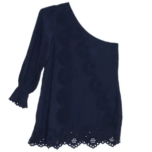 Hill House One Shoulder Dress Eyelet Linen Blend Embroidered Navy Blue L Boho thumbnail 2