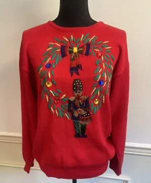 Vintage 90s Lindsey Blake Nutcracker Wreath Holiday Christmas Sweater Red Beaded thumbnail 1