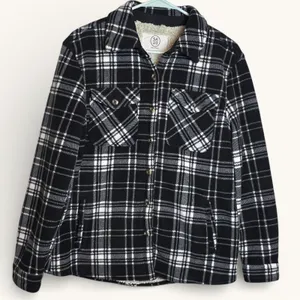 Sage Collective Sherpa Shacket Plaid Jacket Black White‎ Fleece Womens S thumbnail 2