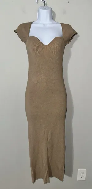 JLUXLABEL Tan‎ Ribbed Knit Midi Dress | Sweetheart Neck Cap Sleeve Size L thumbnail 1