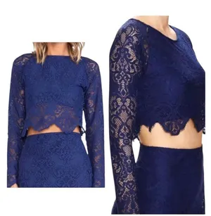 For Love & Lemons Shirt‎ Women XS Blue Long Sleeve Midnight Lace Crop Top Sexy thumbnail 1