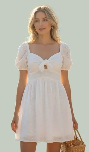 Bar‎ III Eyelet Mini Dress Womens 10 White New Tie Front Puff Sleeve Cotton thumbnail 1