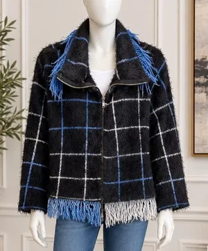 Arette Womens Cardigan Fuzzy Grid Plaid Fringe Zip Up Black Blue Large thumbnail 1