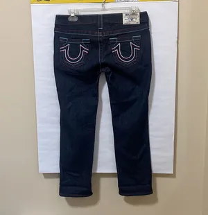 WLHJ58FE2 Americana Chain Dark Rinse Rolled Capri Jeans $209 EUC 28 thumbnail 2