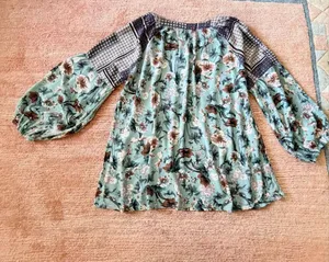Jodifl L Mint Floral Boho Peasant Blouse Rayon Balloon Sleeve V Neck Tunic Top thumbnail 7