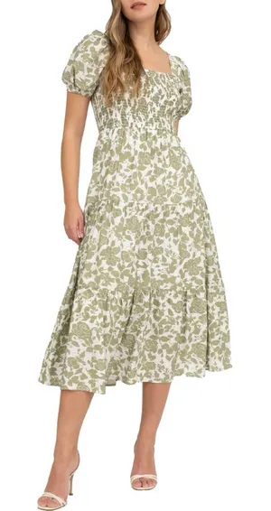 August Sky Olive Green Floral Puff Sleeve Smocked Midi Dress Size Large NWT thumbnail 1