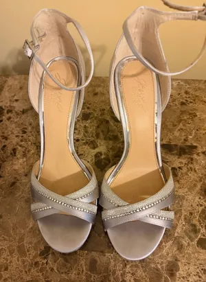 Jewel Badgley Mischka Silver Crisscross front Ankle-Strap Rhinestone Heels thumbnail 1
