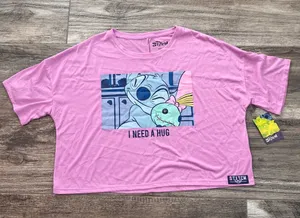 Disney Stitch Angel Hugging '' I NEED A HUG''Crop T-Shirt PURPLE/PINK MEDIUM #18 thumbnail 1