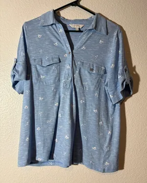 Coral Bay Womens Size M Light Blue Golf Cart Clubs Print Short Sleeve Polo Shirt thumbnail 1