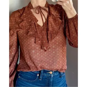 Molly Bracken western long sleeve sheer tie neck high neck ruffle blouse small thumbnail 2
