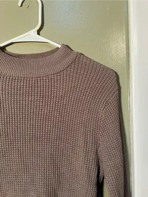 Garage Women’s Sz Large Mock Neck Sweater Cropped Light Brown Waffle Knit Cotton thumbnail 4