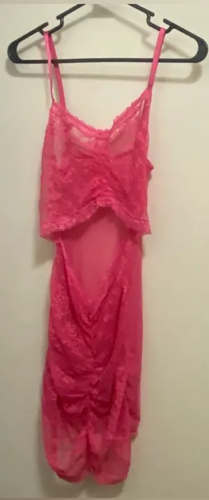 Lingerie Mini Dress S Small Hot Pink Sheer Lace Cutout Midriff Ruched Coquette thumbnail 1