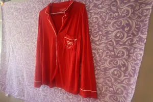 Victoria's Secret modal blend bow pj pajamas button down top with pocket Christmas long sleeve in red size large. thumbnail 2