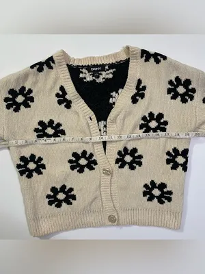 DKNY Cream Cropped Button Up Cardigan with Black Flower Print size L thumbnail 7