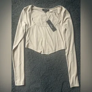 Lulus Flair for the Flirty Beige Ribbed Long Sleeve Bustier Crop Top Medium nude thumbnail 2