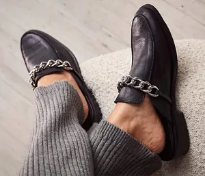 Free‎ People Vida Mules Size 36 Black Leather Silver Chain Grunge Downtown Girl thumbnail 1