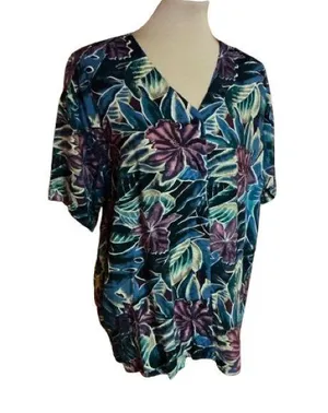 Vtg 80s Bright Tropical Flowers Blouse Blue Size L thumbnail 1