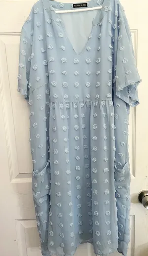 Miholl Dress XXL Women’s Light Blue Pom Pom Swiss Dot Flowy Pockets Empire Waist thumbnail 1