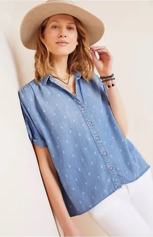 Anthropologie Cloth & Stone Blue Chambray Short Sleeve Button Down NWT small thumbnail 1