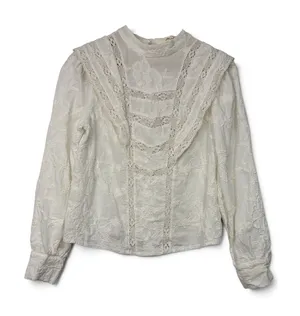 Ultra Pink White Embroidered Lace Victorian Mock Neck Cotton Blouse Top Medium thumbnail 1