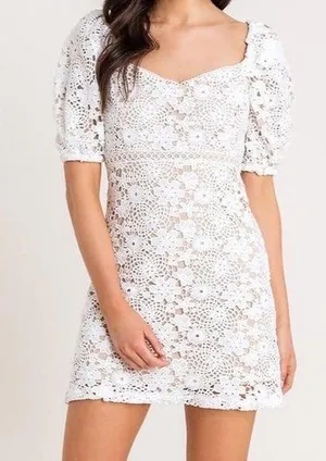 Lush Puff Sleeve Crochet Lace Mini Dress White Size Medium NWT thumbnail 1
