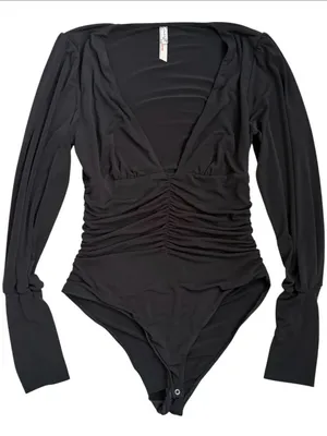 Free People Black Long Sleeve V-Neck Ruched Bodysuit thumbnail 1
