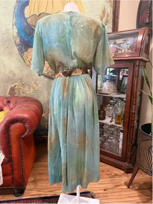 Vintage 80s 90s Bohemian Earthy Green Paisley Midi Dress with Tie Waist S M thumbnail 5