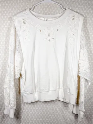 Anthropologie White Lace Floral Mesh Long Sleeve‎ Sweatshirt thumbnail 2