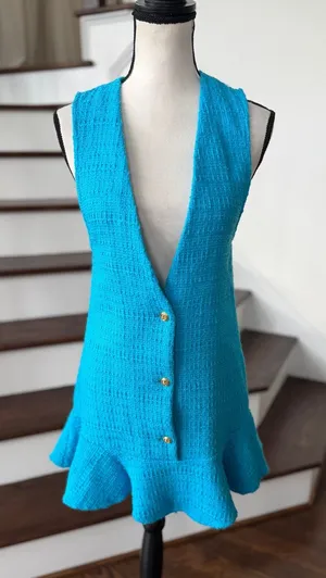 NWT Zara Teal Blue Boucle Tweed Sleeveless Plunge Flutter Hem Mini Shirt Dress thumbnail 1