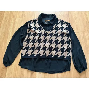 Bellini Houndstooth Mixed Media Layered Sweater Vest Blouse Top Black Tan XL thumbnail 2