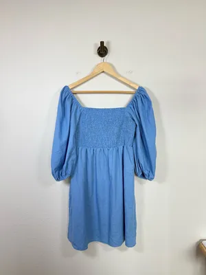 Tuckernuck Annie Linen Smocked Square Neck Puff Sleeve Woven Dress Blue M thumbnail 4