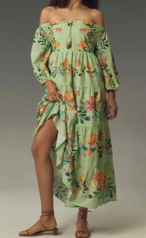 Farm Rio Off-The-Shoulder Tiered Floral Maxi Dress, Size M thumbnail 1