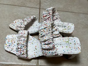 Schutz‎ White Paint Splatter Ruched Strap Block Heel Sandals Size 6B Artsy Chic thumbnail 1