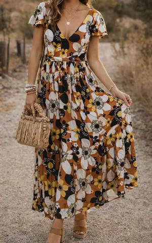Dodo Bar Or Jenny Long Dress Brown Retro Floral Maxi Size Medium Womens thumbnail 1