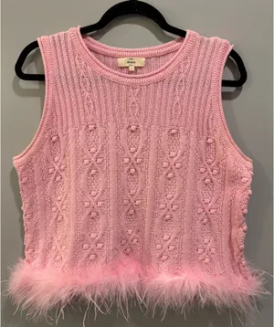 Entro Chunky Knit Sweater Sleeveless Top With Feather Detail Pink thumbnail 1