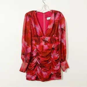 RUNAWAY THE LABEL LITSA DRESS PINK Rose Mini Long Sleeve Floral Size Large L thumbnail 2