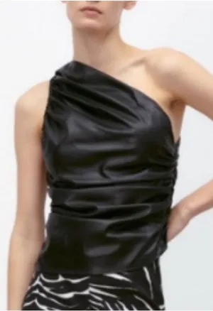 Zara Women's Black Vegan Leather One Shoulder Ruched Top Size S thumbnail 1