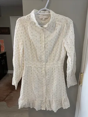 $198 Karlie Cream Eyelet Button-Front Ruffle Mini Dress M thumbnail 2
