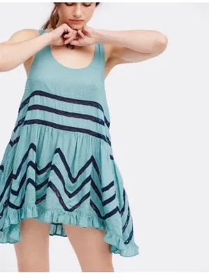 Free People Trapeze Tank Dress Size XS Teal & Navy Beachy Boho Retro Summer thumbnail 2