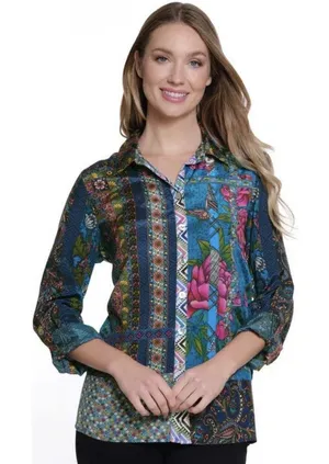 New John‎ Mark Floral Women's Plus Size 3X Roll Tab Sleeve Silky Top Artsy Boho thumbnail 1