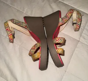 CROCS Brown Wedge Sandals with Multicolor Chevron Straps thumbnail 1